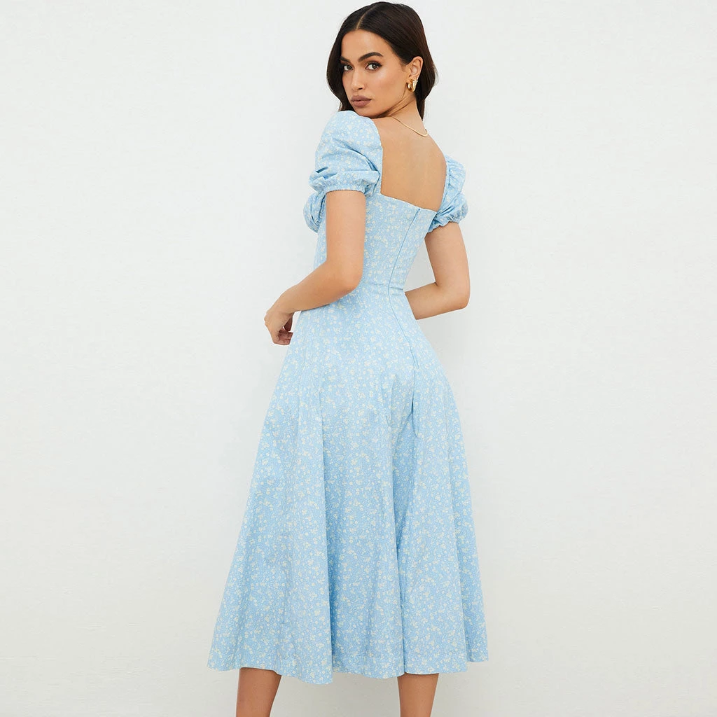 Trendy & Unique Daisy Printed Puff Sleeve High Slit Smock Maxi Sundress - Sky Blue 5 Trendy & Unique Daisy Printed Puff Sleeve High Slit Smock Maxi Sundress - Sky Blue
