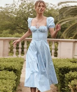 Trendy & Unique Daisy Printed Puff Sleeve High Slit Smock Maxi Sundress - Sky Blue 9 Trendy & Unique Daisy Printed Puff Sleeve High Slit Smock Maxi Sundress - Sky Blue