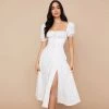 Trendy & Unique Daisy Printed Puff Sleeve High Slit Smock Maxi Sundress - White What's New