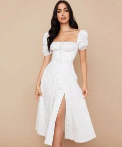 Trendy & Unique Daisy Printed Puff Sleeve High Slit Smock Maxi Sundress - White What's New