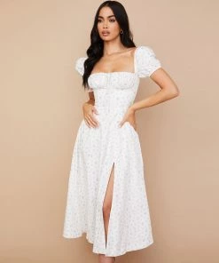 Trendy & Unique Daisy Printed Puff Sleeve High Slit Smock Maxi Sundress - White What's New