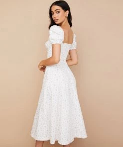 Trendy & Unique Daisy Printed Puff Sleeve High Slit Smock Maxi Sundress - White What's New