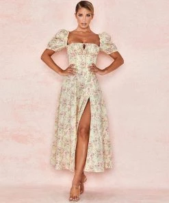 Trendy & Unique What's New Daisy Printed Puff Sleeve High Slit Smock Maxi Sundress - Yellow