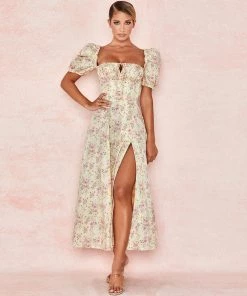 Trendy & Unique What's New Daisy Printed Puff Sleeve High Slit Smock Maxi Sundress - Yellow