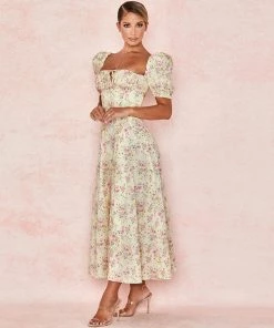 Trendy & Unique What's New Daisy Printed Puff Sleeve High Slit Smock Maxi Sundress - Yellow