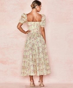 Trendy & Unique What's New Daisy Printed Puff Sleeve High Slit Smock Maxi Sundress - Yellow