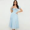 Trendy & Unique Daisy Printed Puff Sleeve High Slit Smock Maxi Sundress - Sky Blue