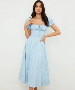 Trendy & Unique Daisy Printed Puff Sleeve High Slit Smock Maxi Sundress - Sky Blue