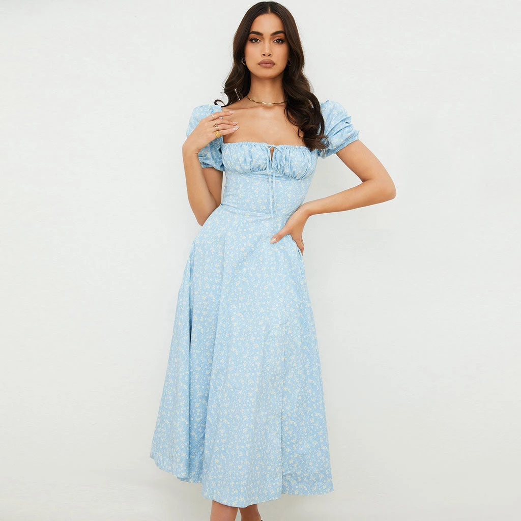 Trendy & Unique Daisy Printed Puff Sleeve High Slit Smock Maxi Sundress - Sky Blue 3 Trendy & Unique Daisy Printed Puff Sleeve High Slit Smock Maxi Sundress - Sky Blue