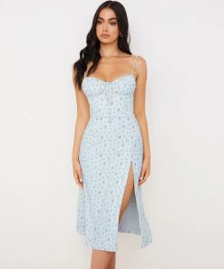 Trendy & Unique Daisy Printed Tied Bustier High Slit Slip Midi Dress - Blue What's New