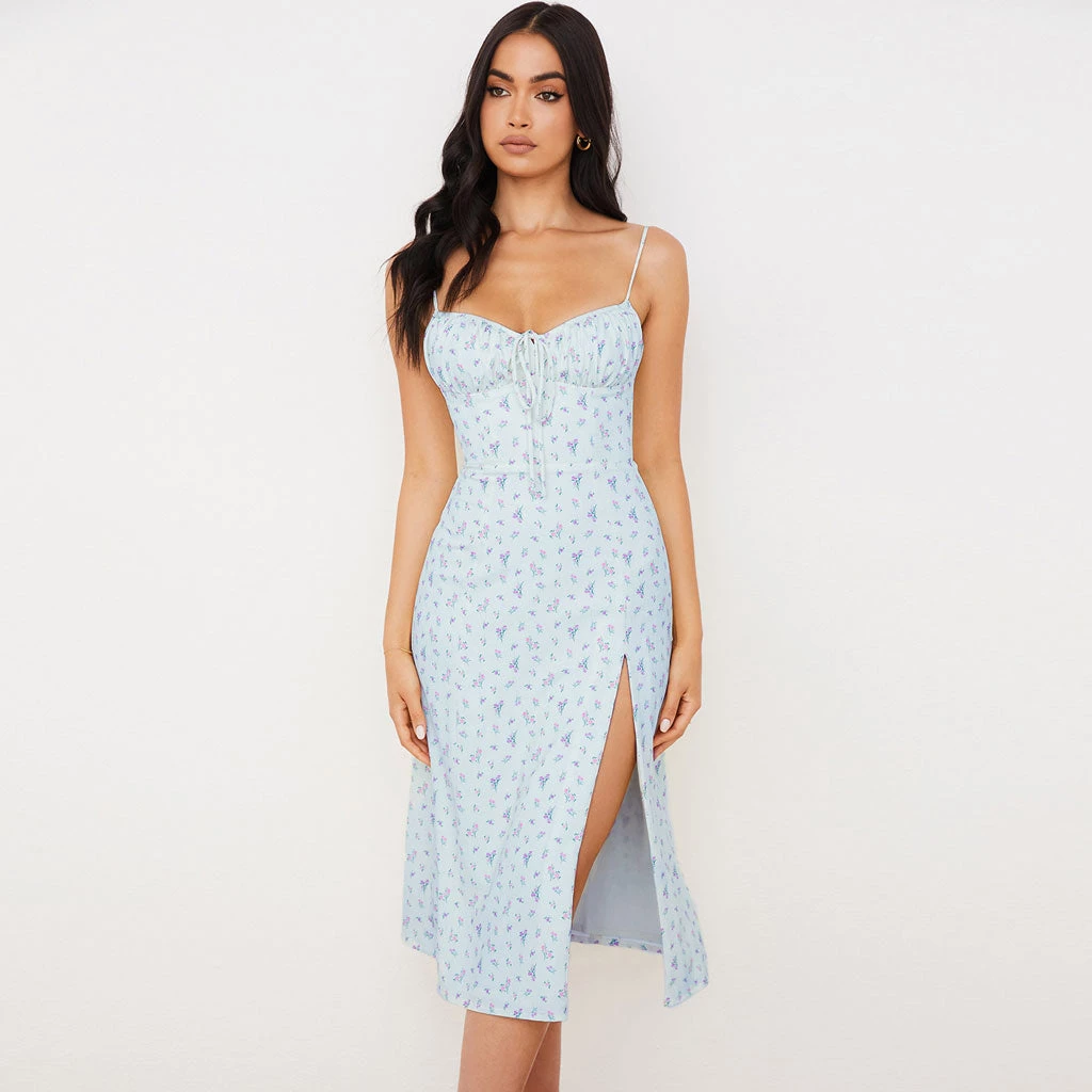 Trendy & Unique Daisy Printed Tied Bustier High Slit Slip Midi Dress - Blue What's New 3 Trendy & Unique Daisy Printed Tied Bustier High Slit Slip Midi Dress - Blue What's New