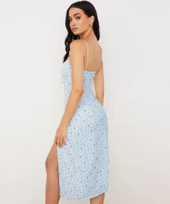 Trendy & Unique Daisy Printed Tied Bustier High Slit Slip Midi Dress - Blue What's New 8 Trendy & Unique Daisy Printed Tied Bustier High Slit Slip Midi Dress - Blue What's New