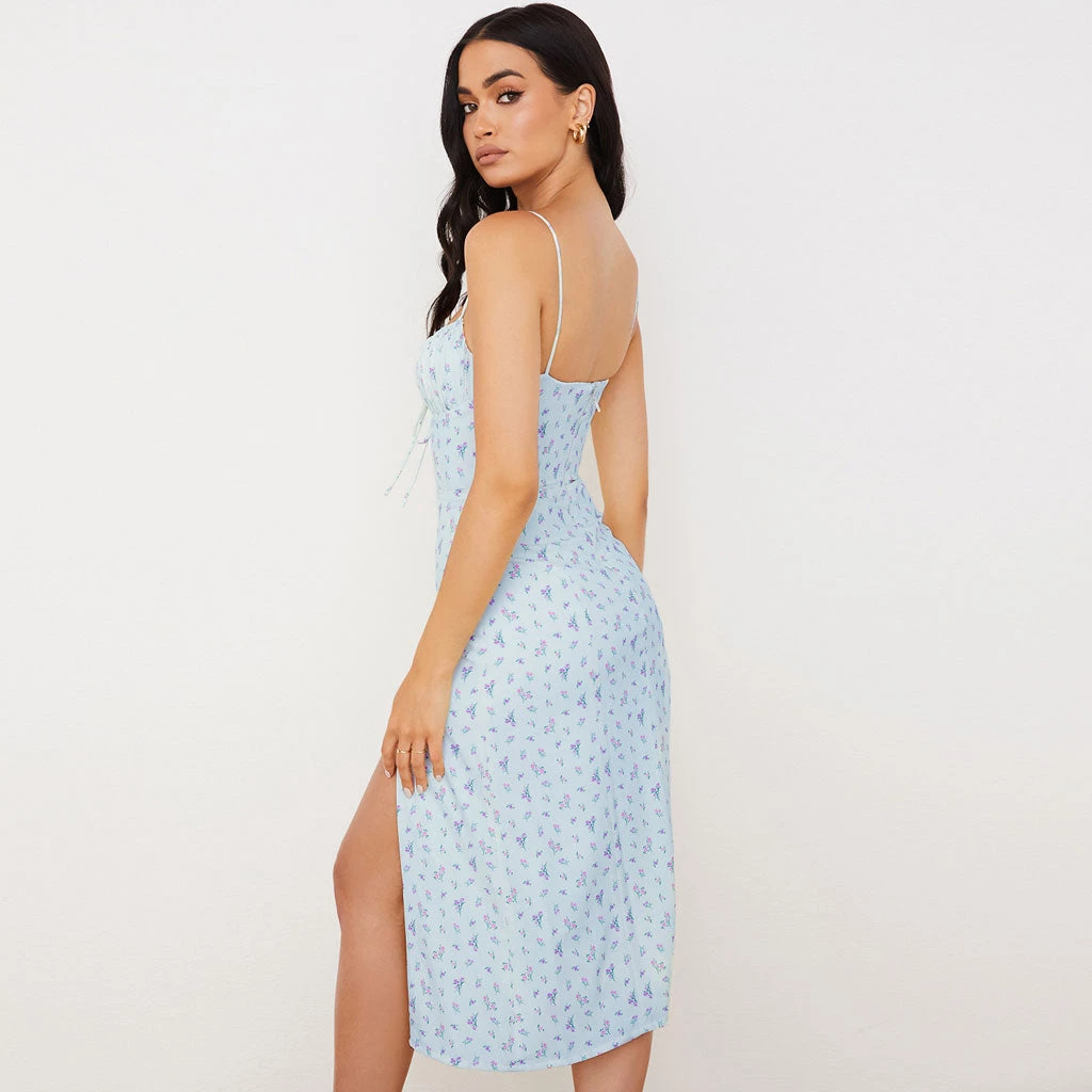 Trendy & Unique Daisy Printed Tied Bustier High Slit Slip Midi Dress - Blue What's New 5 Trendy & Unique Daisy Printed Tied Bustier High Slit Slip Midi Dress - Blue What's New