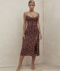 Trendy & Unique Daisy Printed Tied Bustier High Slit Slip Midi Dress - Burgundy What's New