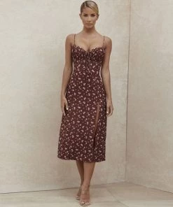 Trendy & Unique Daisy Printed Tied Bustier High Slit Slip Midi Dress - Burgundy What's New