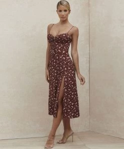 Trendy & Unique Daisy Printed Tied Bustier High Slit Slip Midi Dress - Burgundy What's New