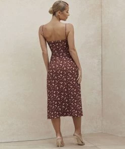 Trendy & Unique Daisy Printed Tied Bustier High Slit Slip Midi Dress - Burgundy What's New