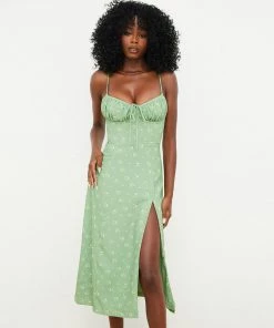 Trendy & Unique Daisy Printed Tied Bustier High Slit Slip Midi Dress - Light Green
