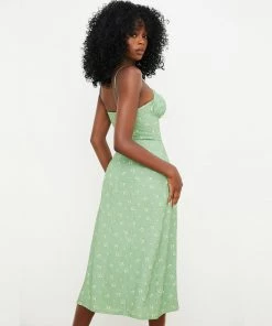 Trendy & Unique Daisy Printed Tied Bustier High Slit Slip Midi Dress - Light Green