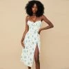 Trendy & Unique What's New Daisy Printed Tied Bustier High Slit Slip Midi Dress - White