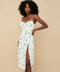Trendy & Unique What's New Daisy Printed Tied Bustier High Slit Slip Midi Dress - White