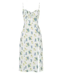 Trendy & Unique What's New Daisy Printed Tied Bustier High Slit Slip Midi Dress - White