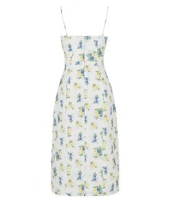 Trendy & Unique What's New Daisy Printed Tied Bustier High Slit Slip Midi Dress - White