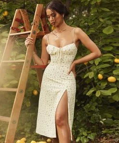 Trendy & Unique Daisy Printed Tied Bustier High Slit Slip Midi Dress - Yellow What's New