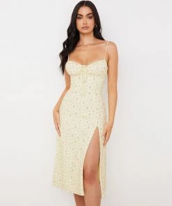 Trendy & Unique Daisy Printed Tied Bustier High Slit Slip Midi Dress - Yellow What's New