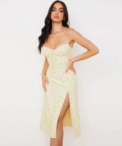 Trendy & Unique Daisy Printed Tied Bustier High Slit Slip Midi Dress - Yellow What's New