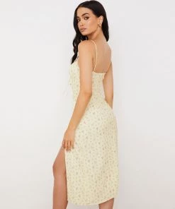 Trendy & Unique Daisy Printed Tied Bustier High Slit Slip Midi Dress - Yellow What's New