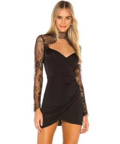 Trendy & Unique Delicate Lace Trim High Neck Cut Out Ruched Party Mini Dress - Black What's New