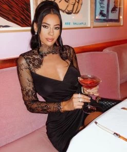 Trendy & Unique Delicate Lace Trim High Neck Cut Out Ruched Party Mini Dress - Black What's New