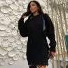 Trendy & Unique Distressed Trim Oversized Pullover Sweater Mini Dress - Black 2 Trendy & Unique Distressed Trim Oversized Pullover Sweater Mini Dress - Black