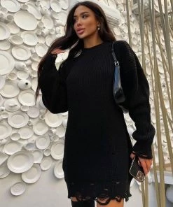 Trendy & Unique Distressed Trim Oversized Pullover Sweater Mini Dress - Black
