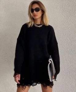 Trendy & Unique Distressed Trim Oversized Pullover Sweater Mini Dress - Black