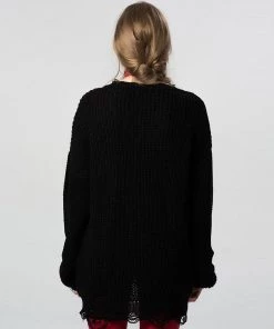 Trendy & Unique Distressed Trim Oversized Pullover Sweater Mini Dress - Black