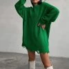 Trendy & Unique Distressed Trim Oversized Pullover Sweater Mini Dress - Emerald Green What's New