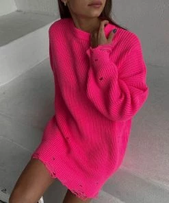 Trendy & Unique Distressed Trim Oversized Pullover Sweater Mini Dress - Rose What's New