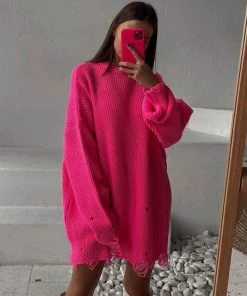 Trendy & Unique Distressed Trim Oversized Pullover Sweater Mini Dress - Rose What's New