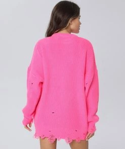 Trendy & Unique Distressed Trim Oversized Pullover Sweater Mini Dress - Rose What's New