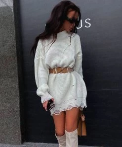 Trendy & Unique Distressed Trim Oversized Pullover Sweater Mini Dress - White What's New