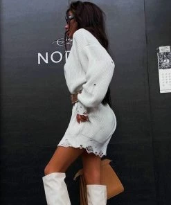 Trendy & Unique Distressed Trim Oversized Pullover Sweater Mini Dress - White What's New
