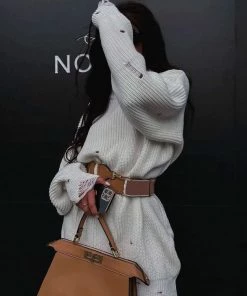 Trendy & Unique Distressed Trim Oversized Pullover Sweater Mini Dress - White What's New