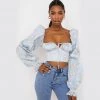 Trendy & Unique What's New Ditsy Printed Tied Front Bustier Puff Sleeve Crop Top - Blue