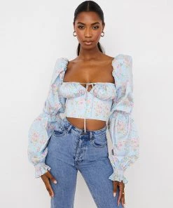 Trendy & Unique What's New Ditsy Printed Tied Front Bustier Puff Sleeve Crop Top - Blue