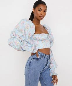 Trendy & Unique What's New Ditsy Printed Tied Front Bustier Puff Sleeve Crop Top - Blue