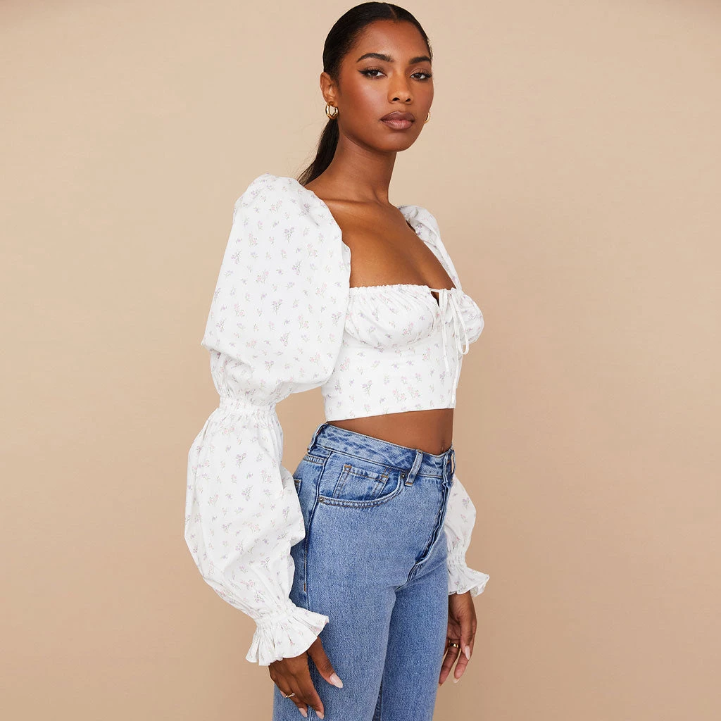 Trendy & Unique What's New Ditsy Printed Tied Front Bustier Puff Sleeve Crop Top - Floral 4 Trendy & Unique What's New Ditsy Printed Tied Front Bustier Puff Sleeve Crop Top - Floral