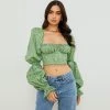 Trendy & Unique Ditsy Printed Tied Front Bustier Puff Sleeve Crop Top - Green