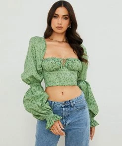 Trendy & Unique Ditsy Printed Tied Front Bustier Puff Sleeve Crop Top - Green